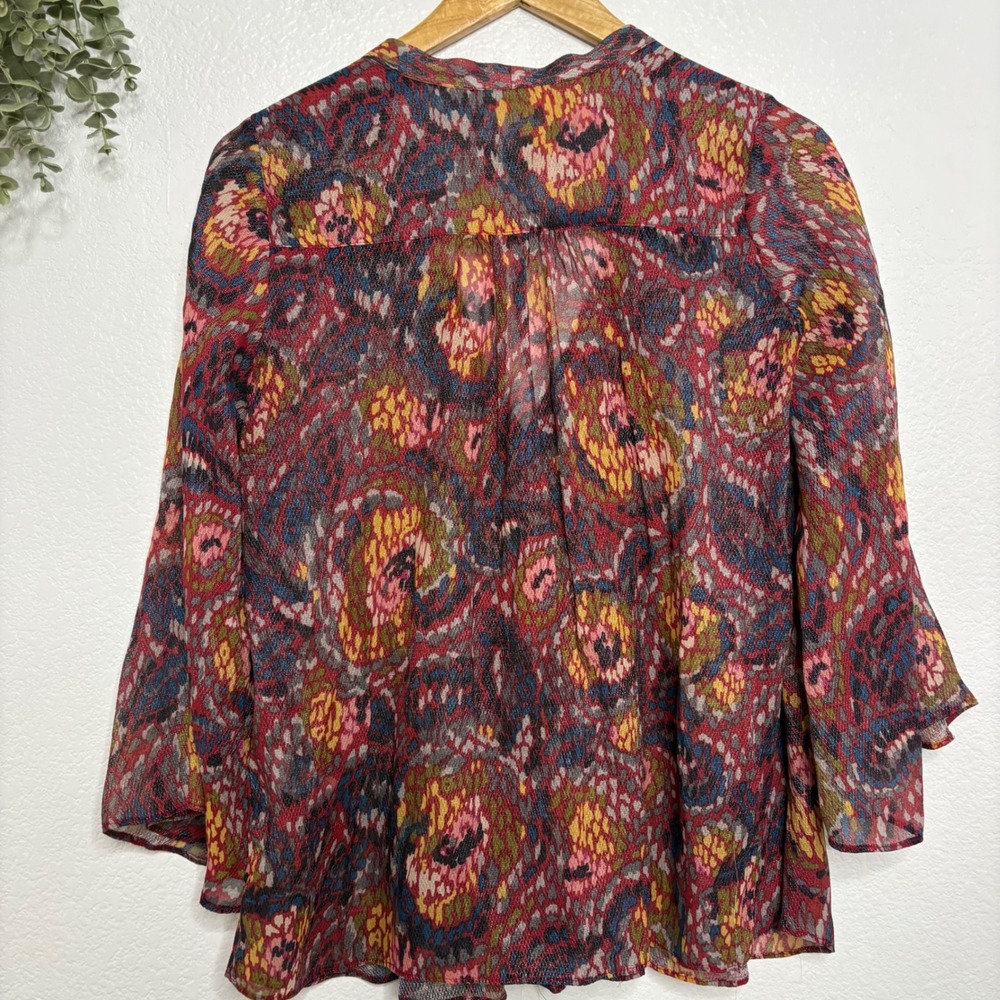 Elizabeth and James Silk Metallic Paisley V-Neck Bell Sleeve Blouse Small Multi - Picture 7 of 8